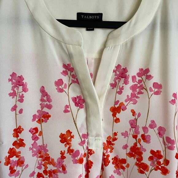 Talbots Popover Blouse Top Sz M Floral Split Neck 3/4 Sleeves Pink Red Cream - Picture 4 of 10